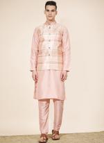 Pure Silk Peach Wedding Wear Printed Readymade Modi Jacket Kurta Pajama